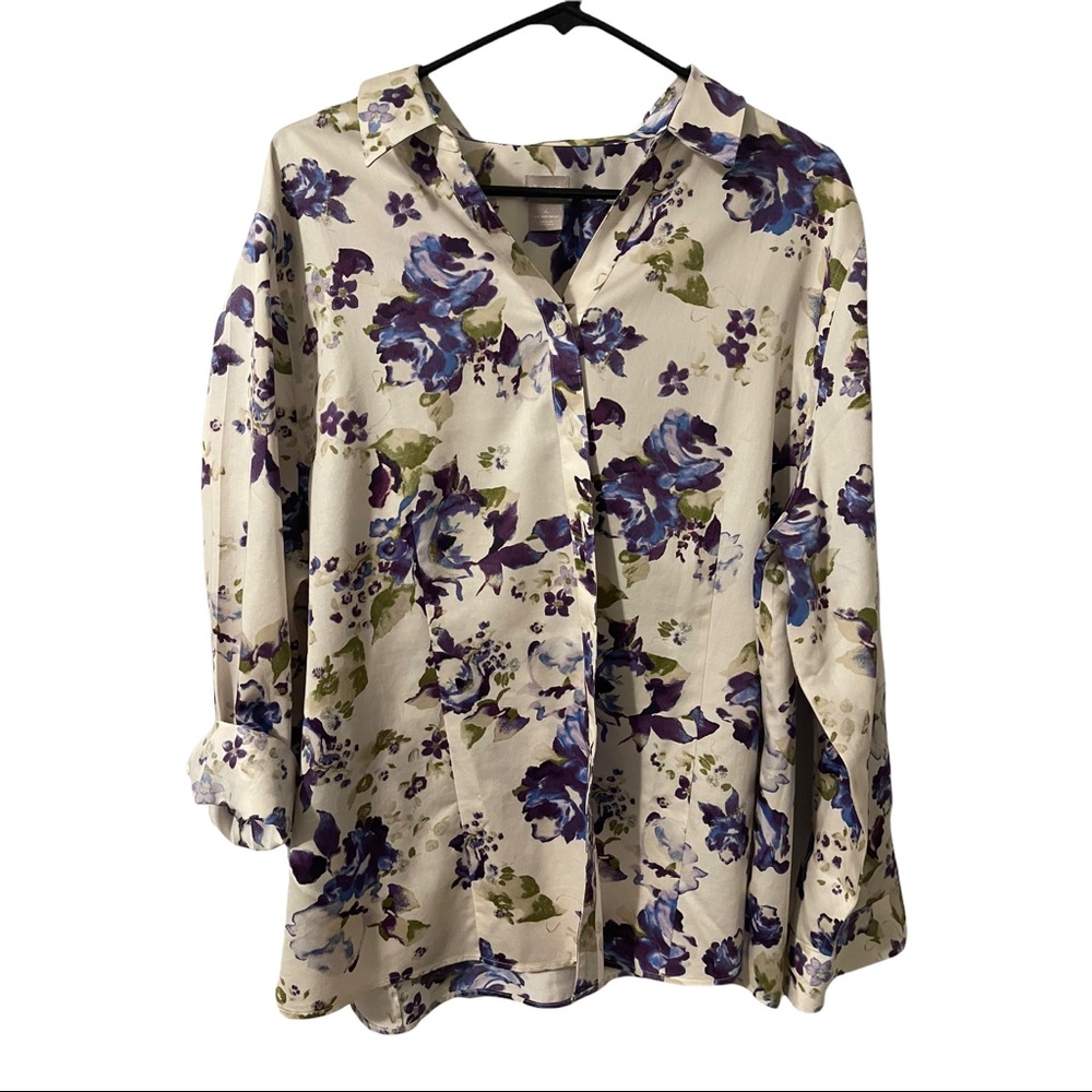 chicos 4 xxl 20 button up purple floral print white collar long  cuff sleeve top